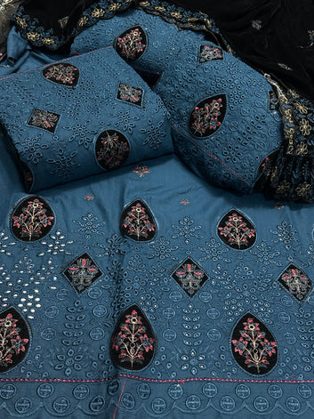 Johra 3-Piece Danak Wool Ensemble with Chikankari Daman, Velvet Appliqué Work & 9000-Micro Velvet Shawl.”