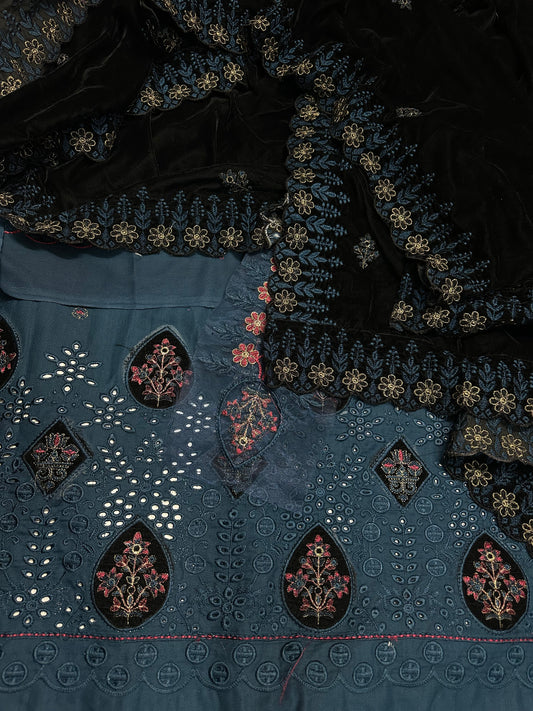 Johra 3-Piece Danak Wool Ensemble with Chikankari Daman, Velvet Appliqué Work & 9000-Micro Velvet Shawl.”