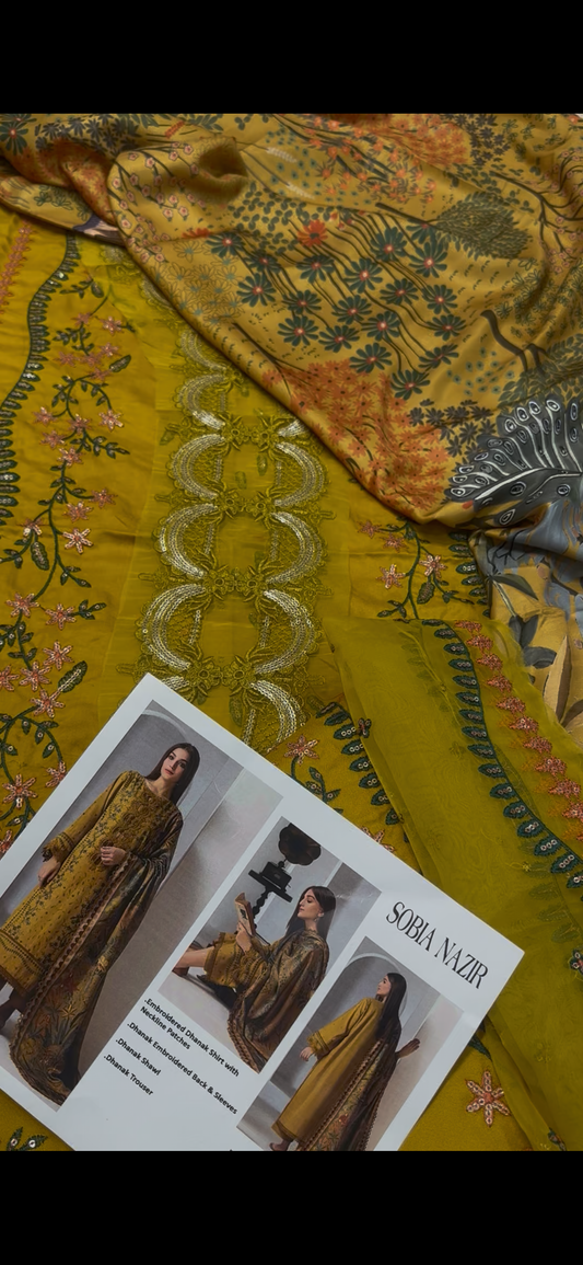 Sonia Nazir Mustard Printed Wool Shawl – Embroidered Neck &Daman patches