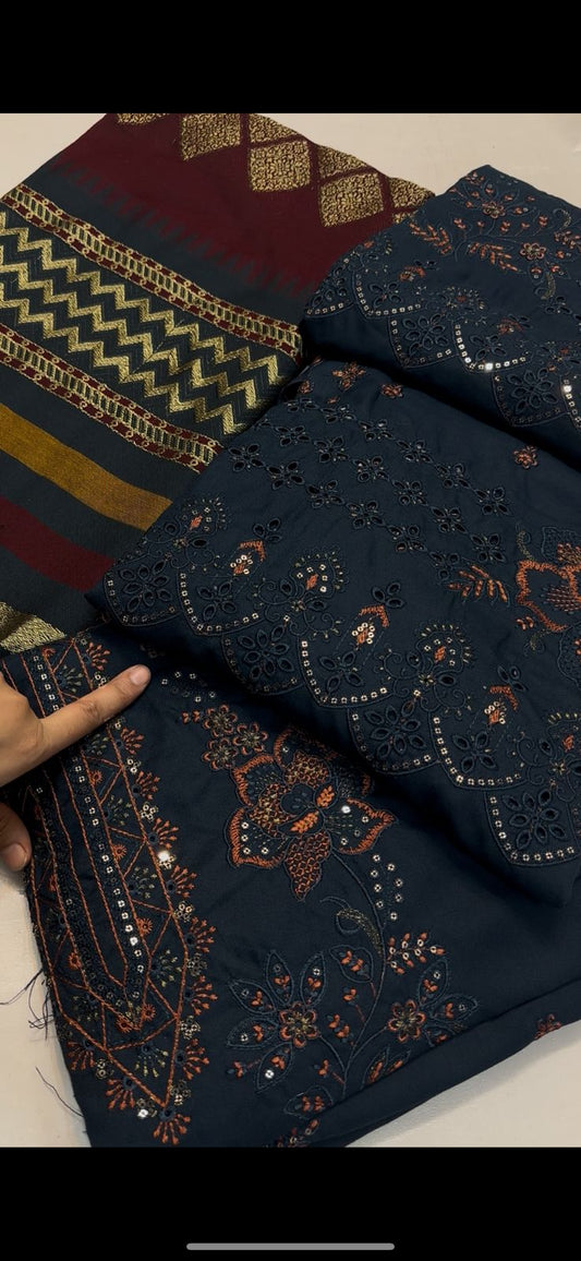 Zinc Color 3Pc Lawn Suit – Chicken Kari Daman, Heavy Embroidered Neck & 4D Jacquard Shawl