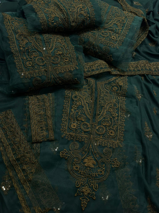 Asim Jofa Bottle Green 3Pc Embroidered Suit – Heavy Neck & Sleeves Patch with Danak Wool 4-Side Ready Shawl”