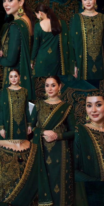 Asim Jofa Bottle Green 3Pc Embroidered Suit – Heavy Neck & Sleeves Patch with Danak Wool 4-Side Ready Shawl”