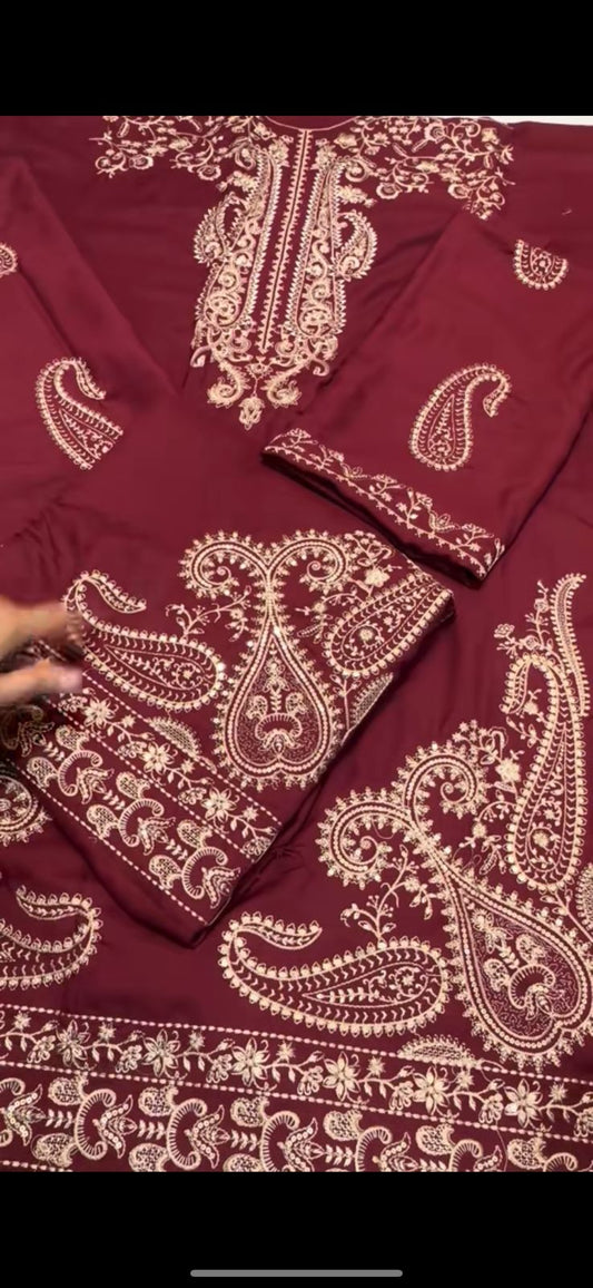 Asim Jofa Maroon 2Pc Dress – Heavy Front & Sleeve Embroidery with Plane Trouser & Danak Wool