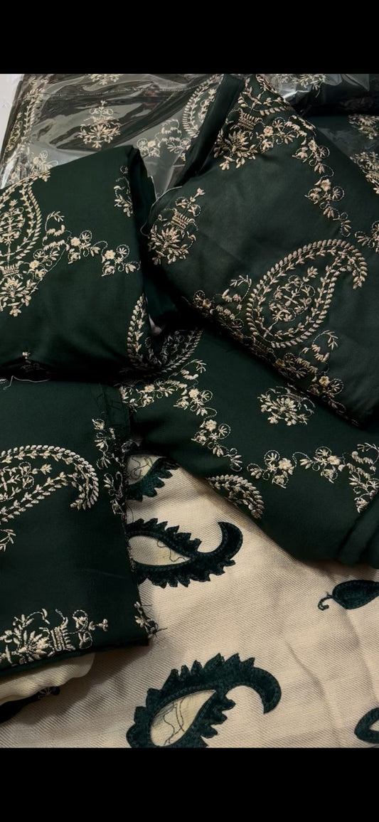 Green Breeze 3Pc Winter Dress – Danak Wool with Breeze Carry Embroidery & Pashmina Shawl