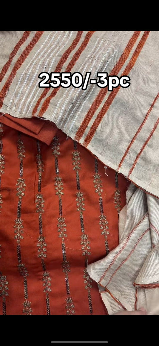 Rust Color 3Pc Dress with Multi Soft Zari Embroidery, Velvet Lining & Pashmina Shawl”