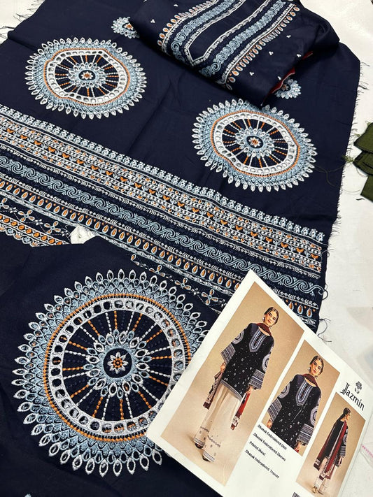 Jasmine 3-Piece Danak Dress – Soft Embroidered Shirt, Heavy Sleeves, Embroidered Trouser & Printed Wool Shawl