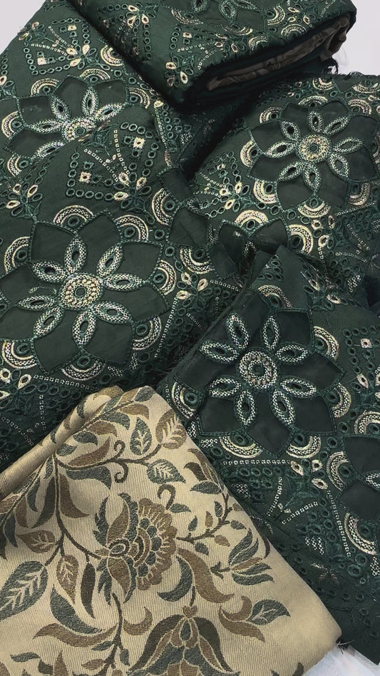 Bottle Green 3-Piece Winter Danak Wool Dress with Leasur Cut Appliqué, Chickenkari & Zari Embroidery | Kani Wool Shawl
