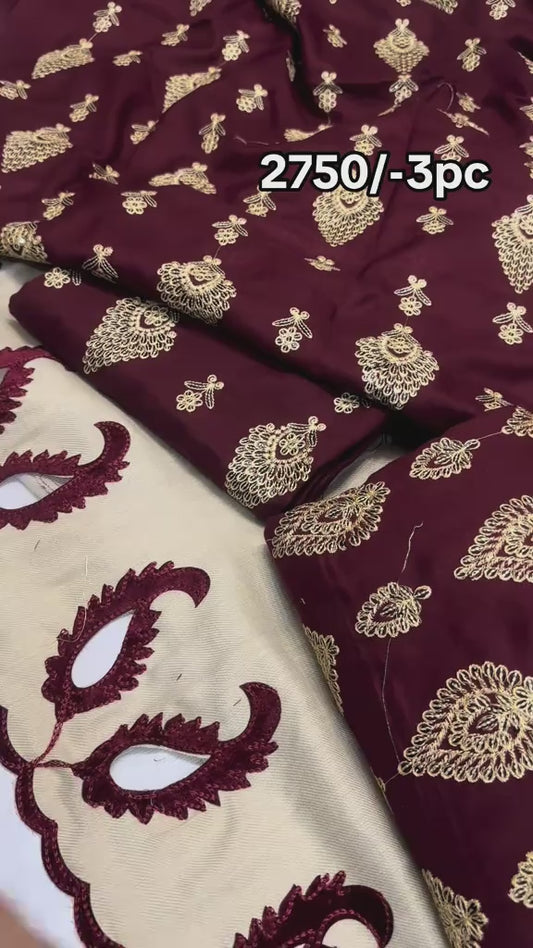 Maroon 3-Piece Embroidered Suit with Pashmina Wool Shawl & Velvet Appliqué Borders