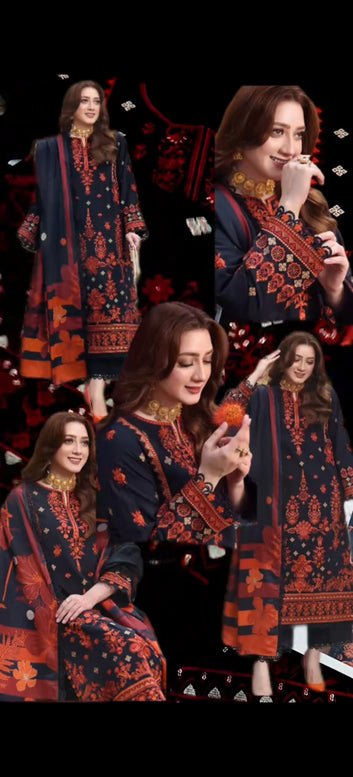 “Aneela’s Premium Danak 3-Piece Suit – Black Beauty with Red Elegance”