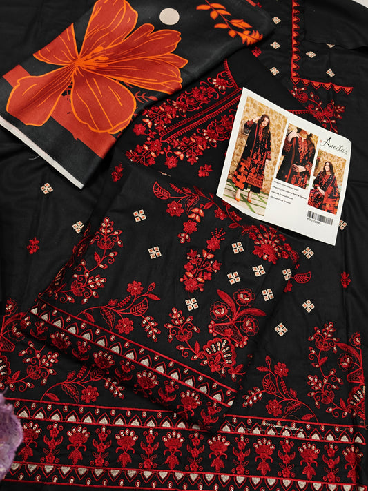 “Aneela’s Premium Danak 3-Piece Suit – Black Beauty with Red Elegance”